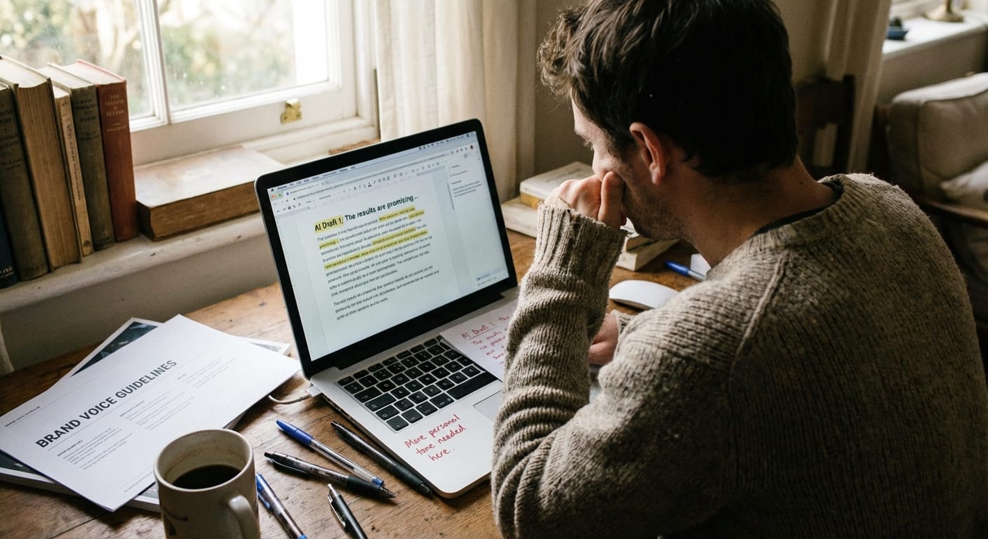 Person editing AI-written text on laptop with notes and a style guide beside keyboard