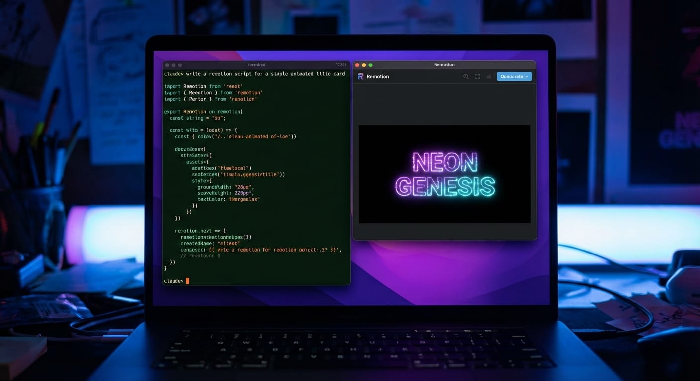 Laptop screen showing Claude Code terminal beside Remotion video preview interface in dark theme