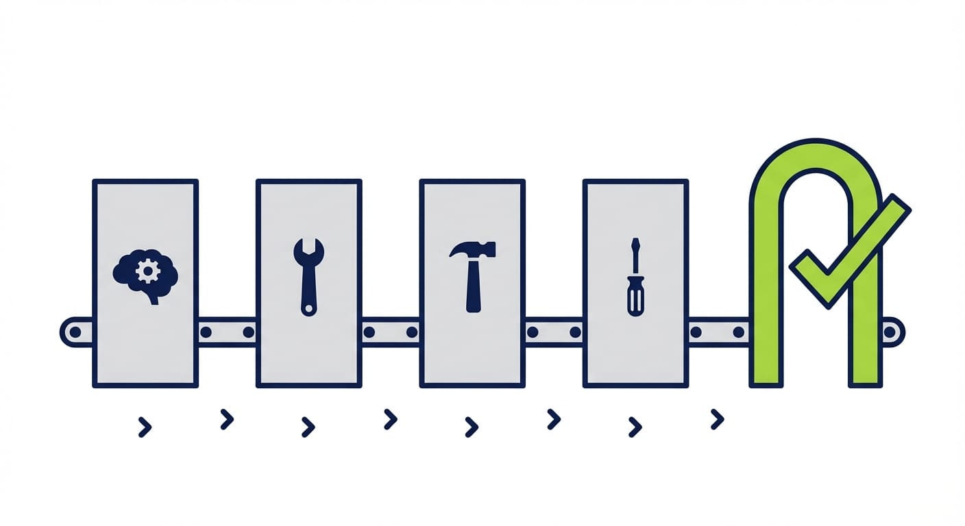 Isometric-style assembly line with AI blocks, tool icons, and a checkmark gate