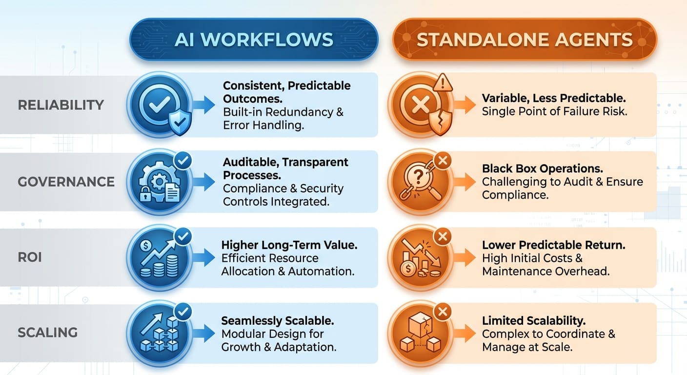 Infographic comparing workflows and standalone agents across reliability, governance, ROI, and scaling