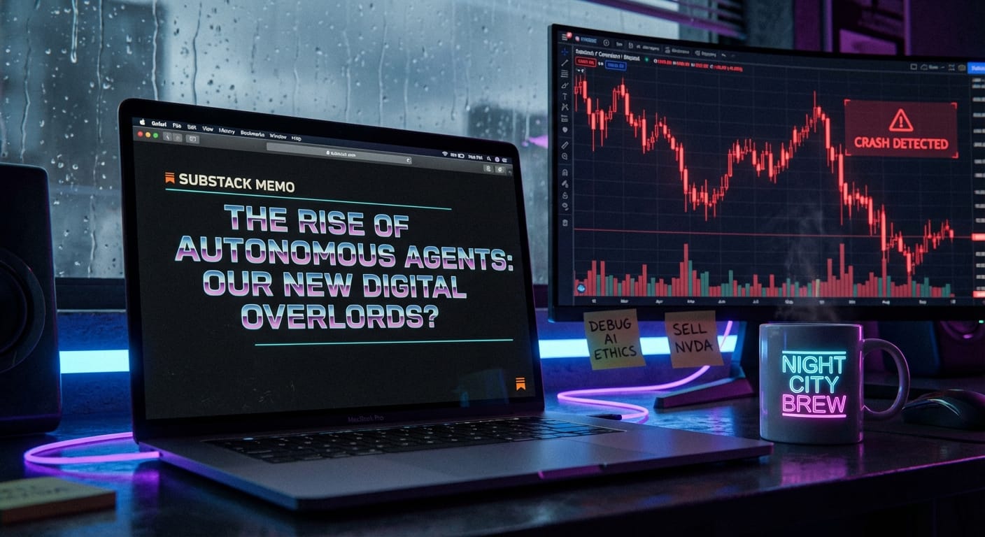 Person reading viral AI memo on laptop beside monitor showing red stock candlestick charts