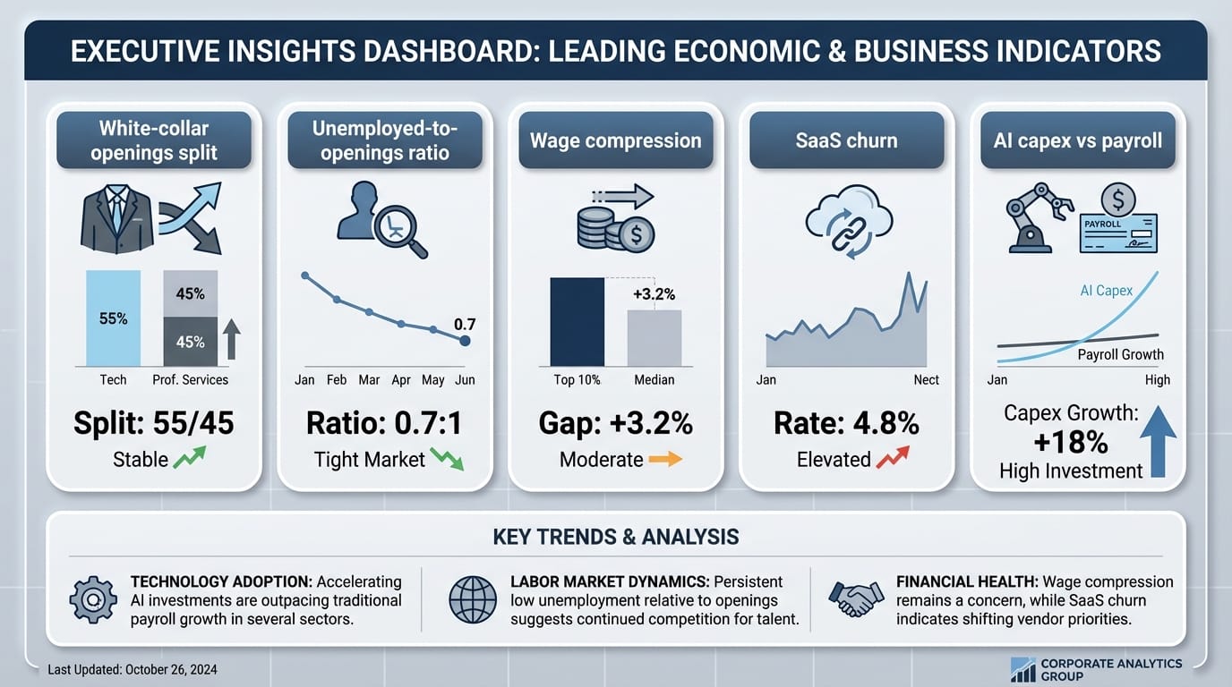 Infographic dashboard with five tiles showing job openings, ratios, wages, SaaS churn, and capex