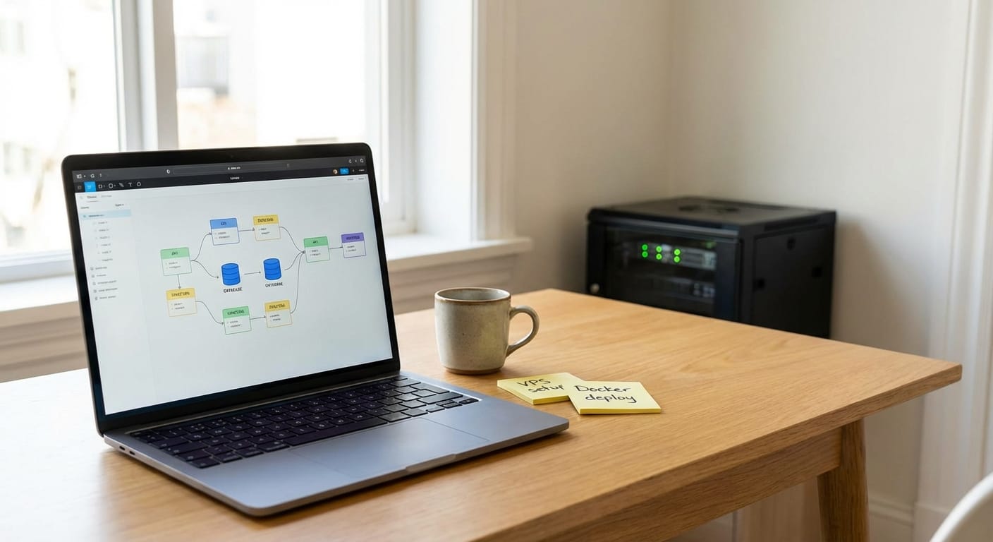 Developer desk with laptop workflow UI and small server rack in soft daylight