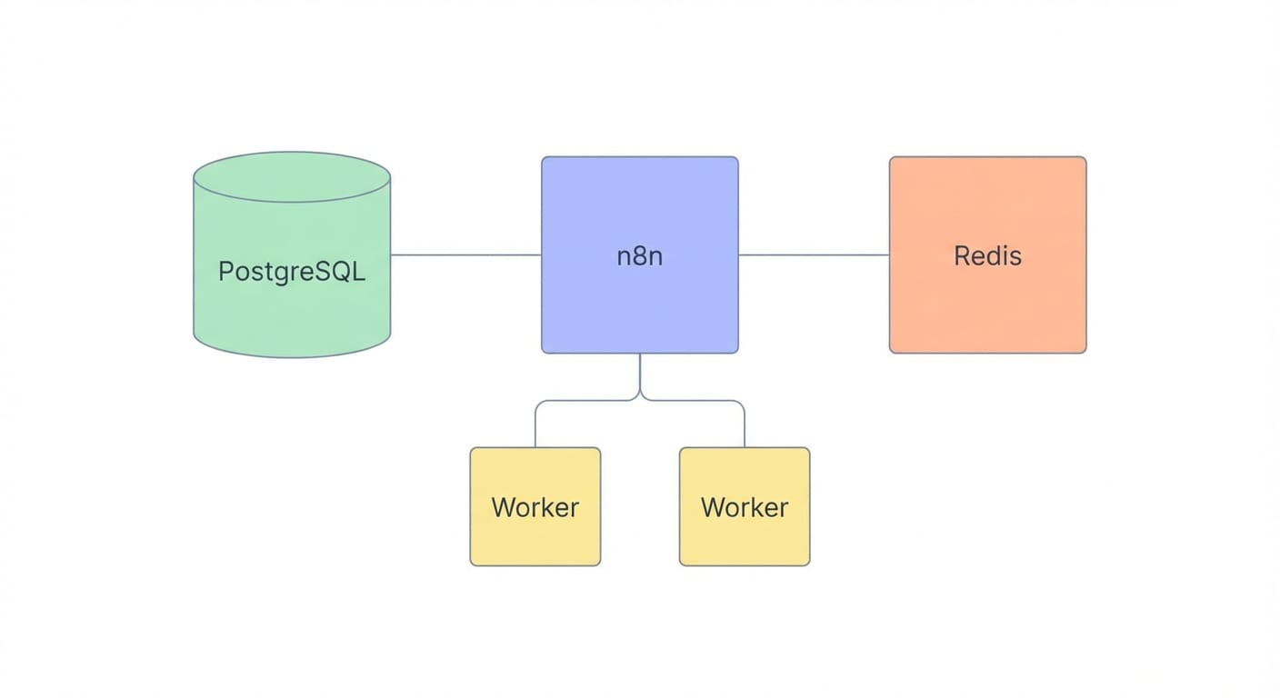 Flat diagram with n8n connected to PostgreSQL, Redis, and worker nodes