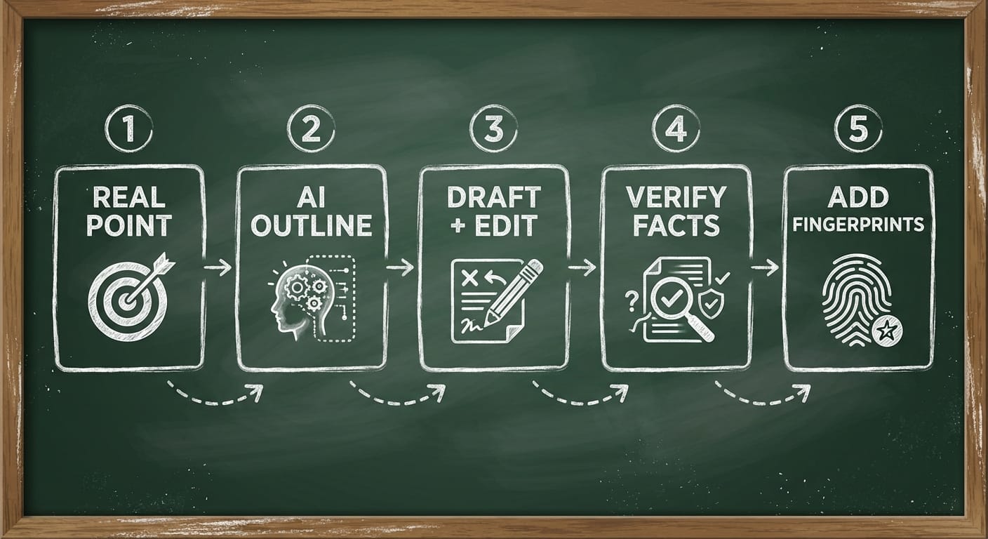 Infographic showing five-step AI content workflow in chalk boxes with simple icons