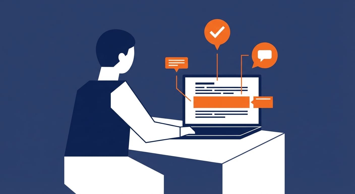 Minimal flat illustration of a person editing AI draft text on a laptop screen.