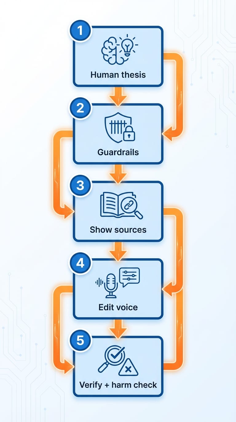 Infographic flowchart with five steps for creating safe, high-quality AI-generated content.