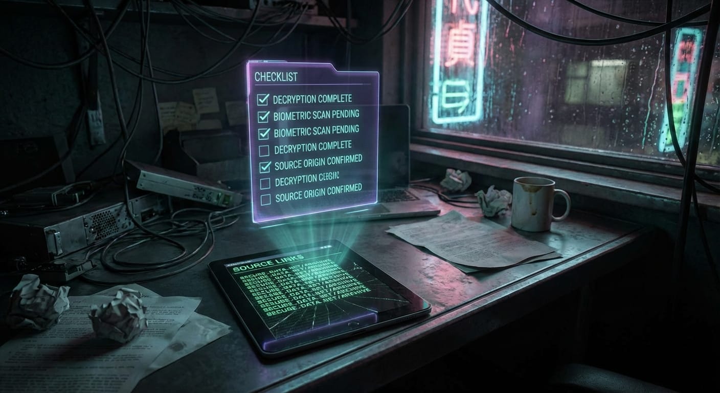 Neon-lit dark desk with a floating checklist and source links on a tablet display.