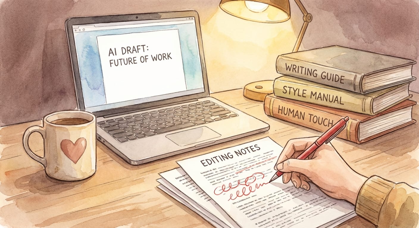 Minimal illustration of human editing AI draft with laptop and red pen marks