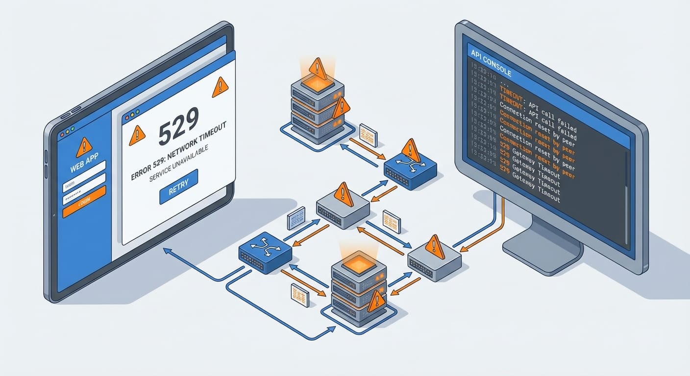 Split-screen illustration of an AI app showing login errors and an API console showing timeouts.