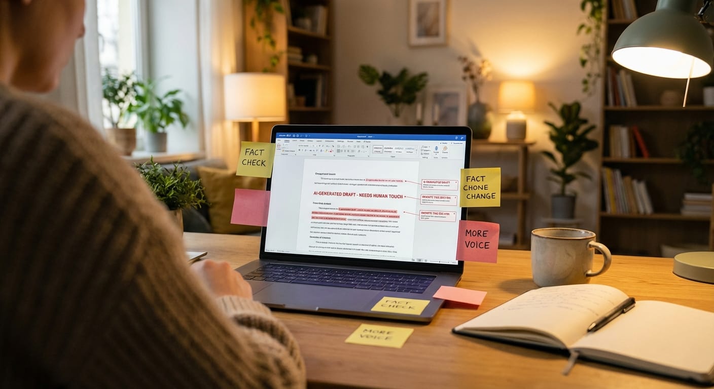 Person editing a draft on a laptop with highlighted text and margin notes.