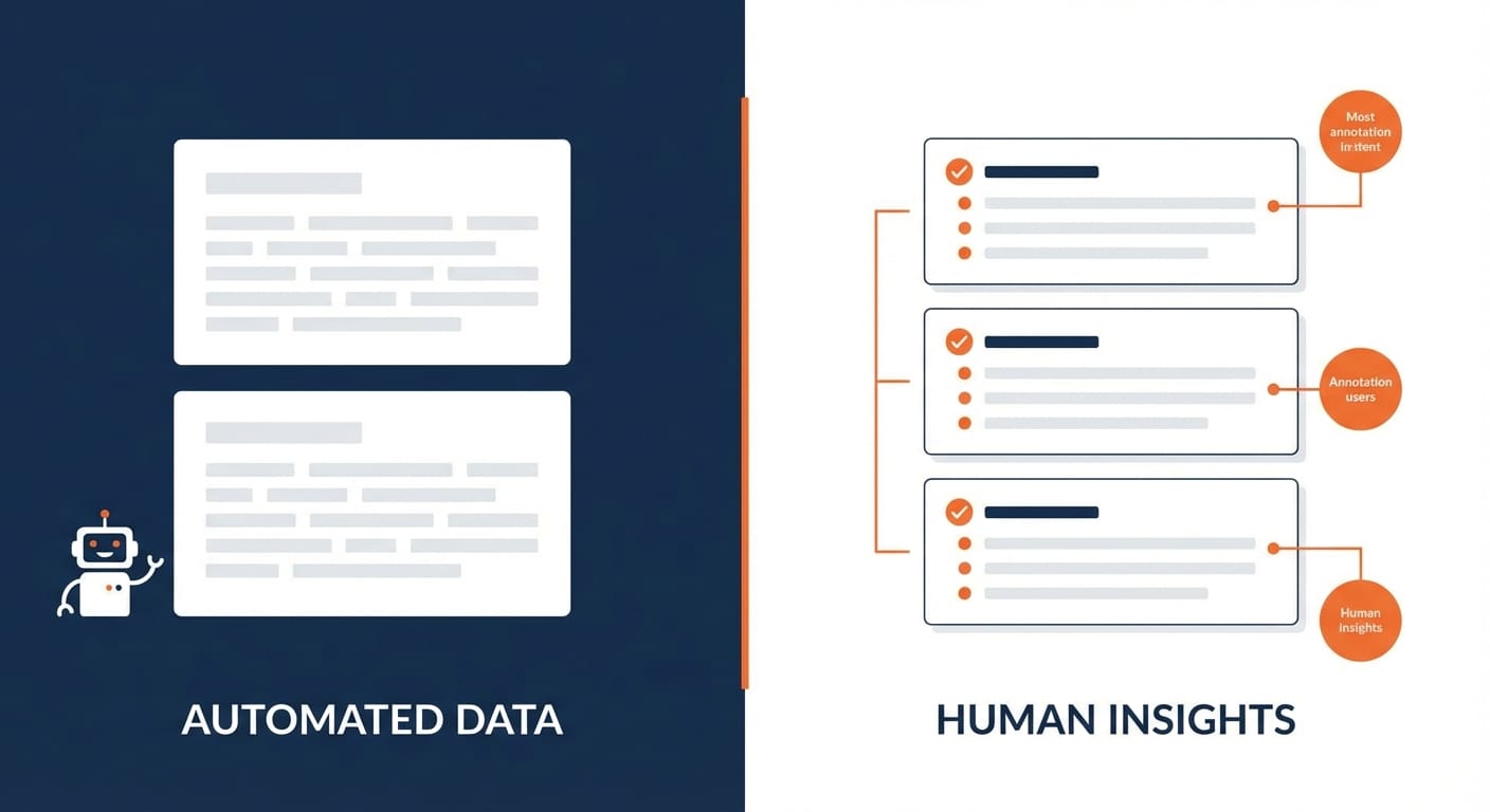 Split illustration comparing generic AI text blocks with a human-edited version and annotations.