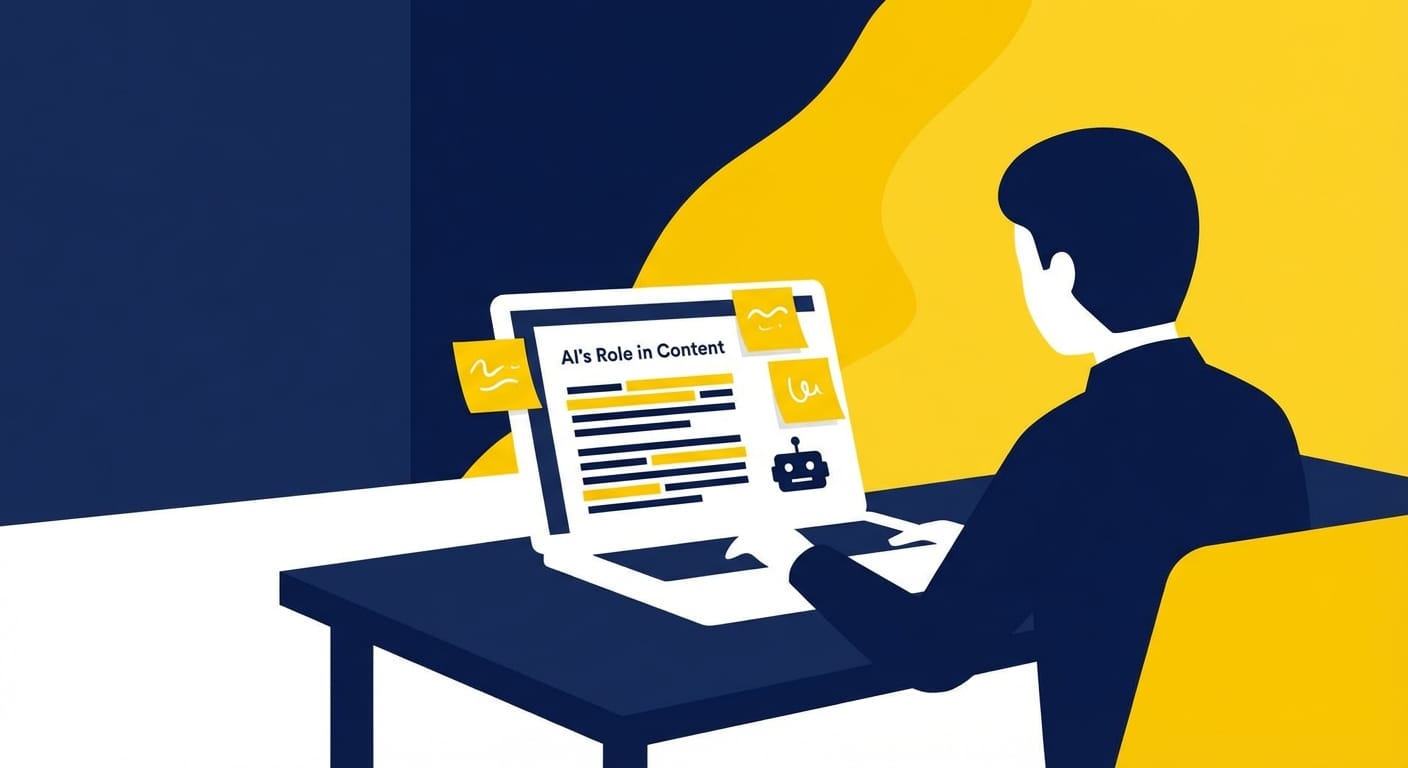 Person reviewing AI-written draft on laptop with highlighted edits and sticky notes