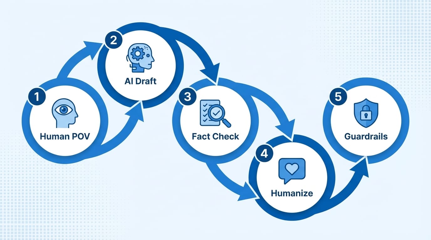 Infographic showing five-step AI content workflow in numbered circles with icons