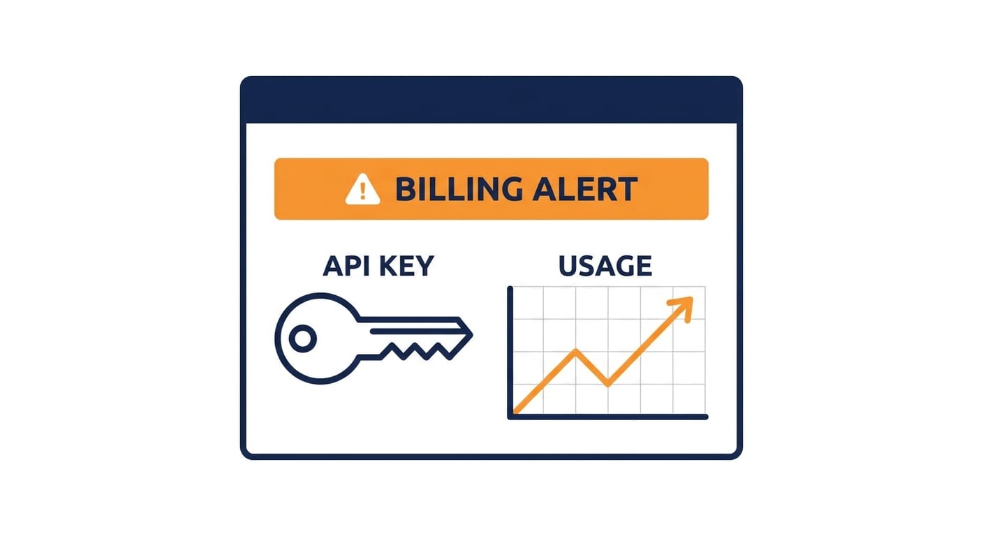 Developer laptop screen with billing alert banner and rapidly rising cloud cost chart.