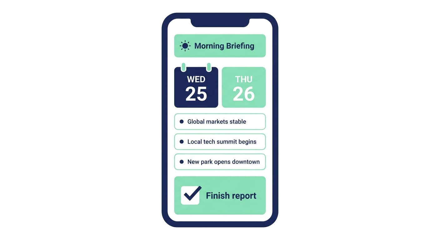 Smartphone showing calendar tiles, news headlines, and a single top priority checkbox