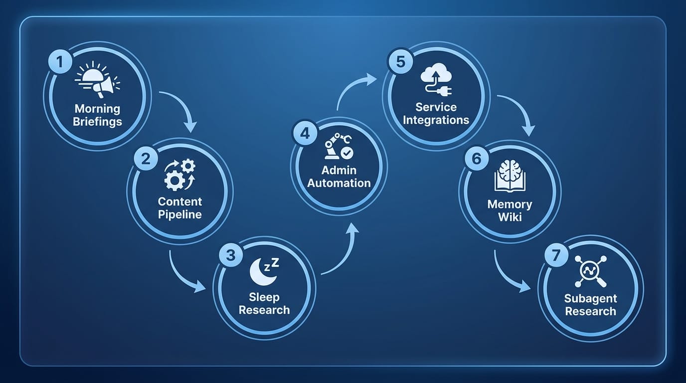 Infographic showing seven numbered Hermes Agent use cases in blue circles with icons