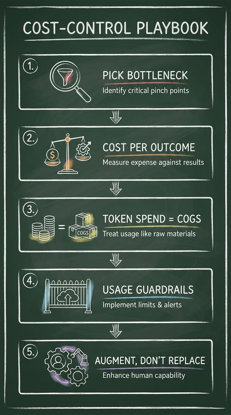 Infographic showing five-step playbook to control AI costs on a chalkboard layout