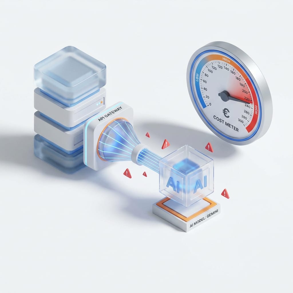 Isometric servers and API gateway funneling requests into a Gemini model icon and cost gauge.