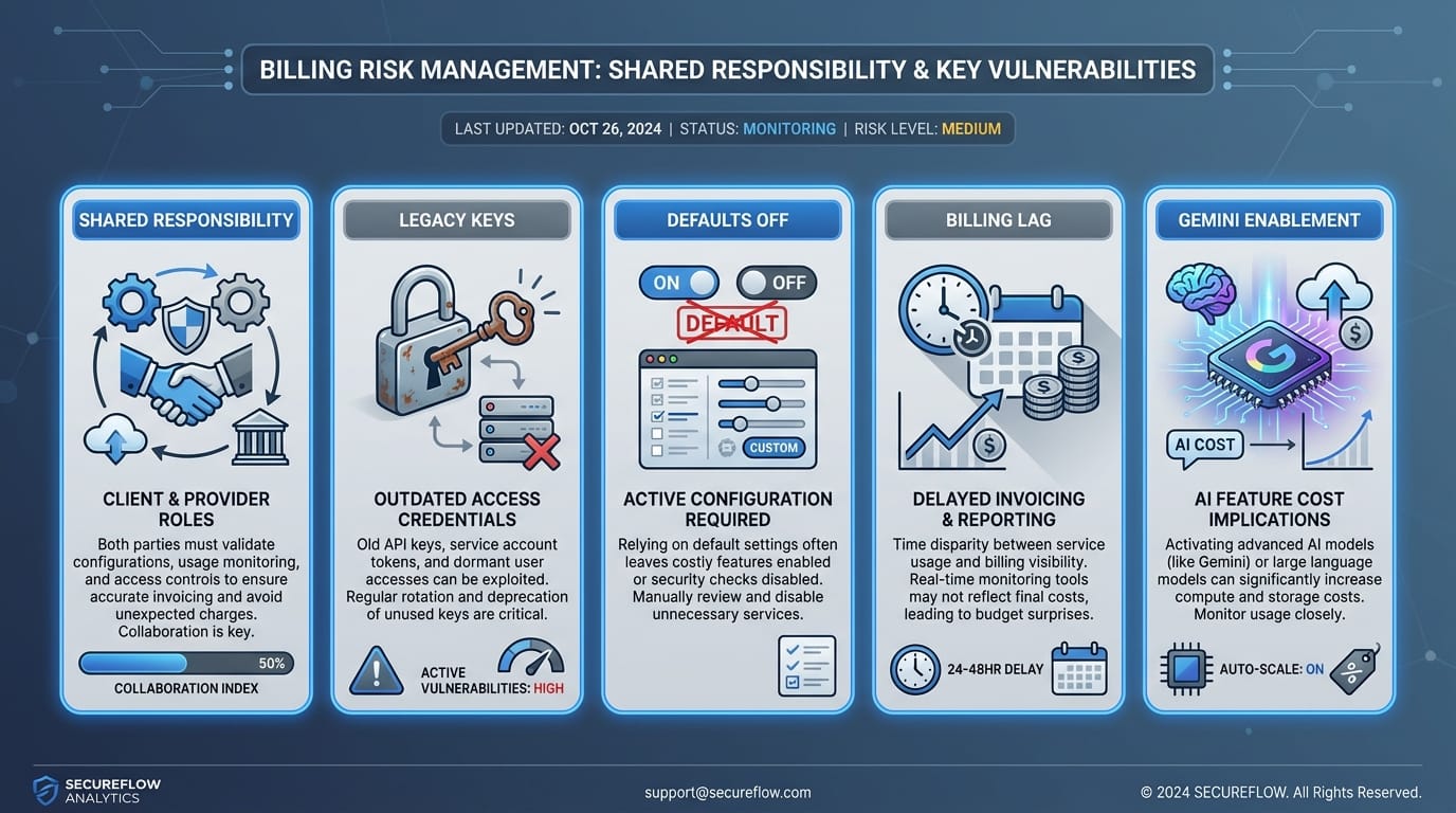 Infographic dashboard showing five factors that lead to large Gemini abuse bills.