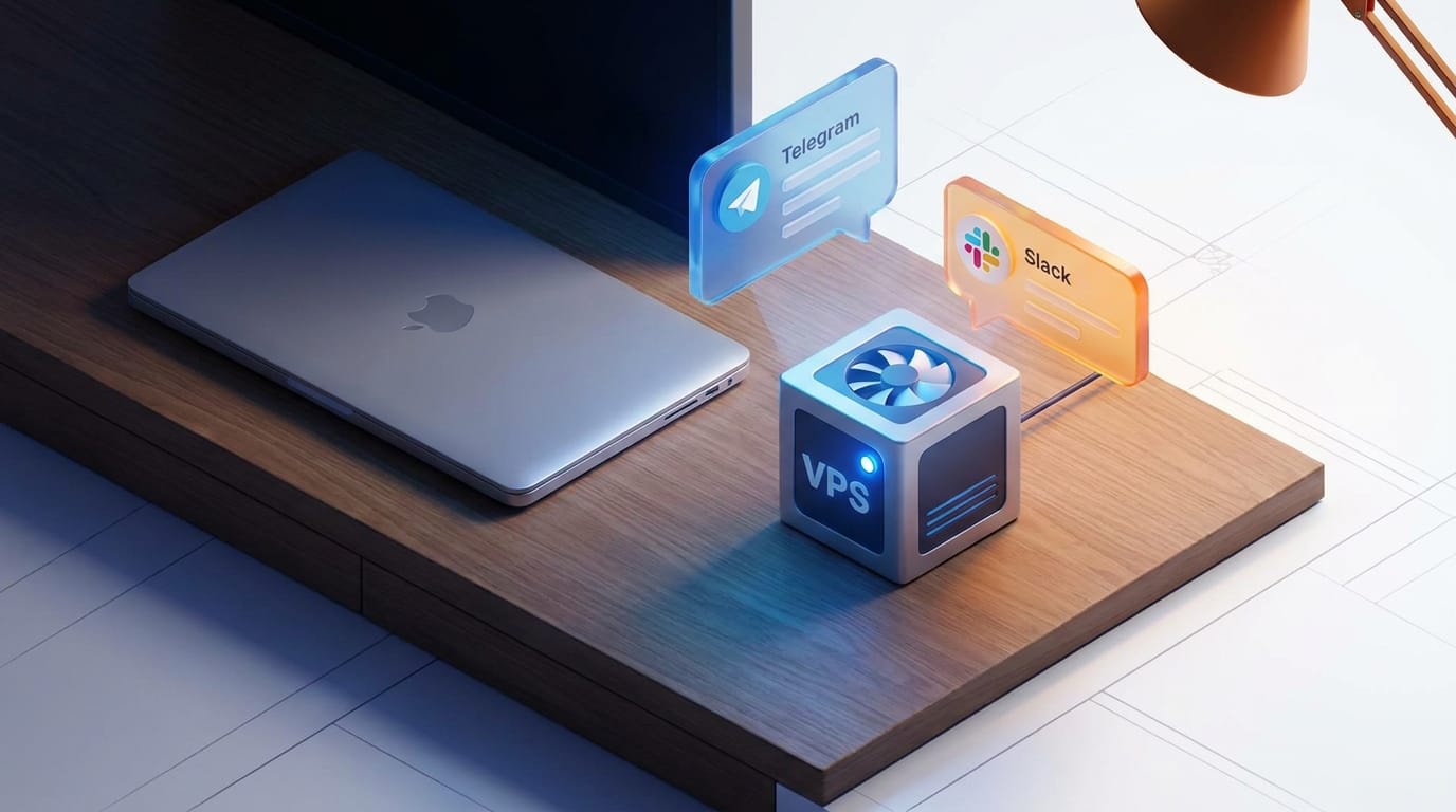 Closed laptop beside glowing server cube, with Telegram and Slack bubbles floating above.