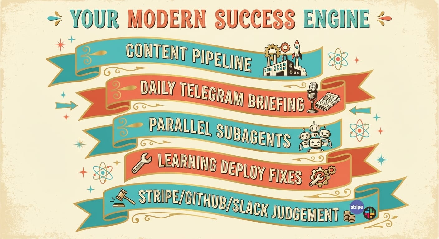 Retro infographic with five banner ribbons listing Hermes Agent use cases and icons.