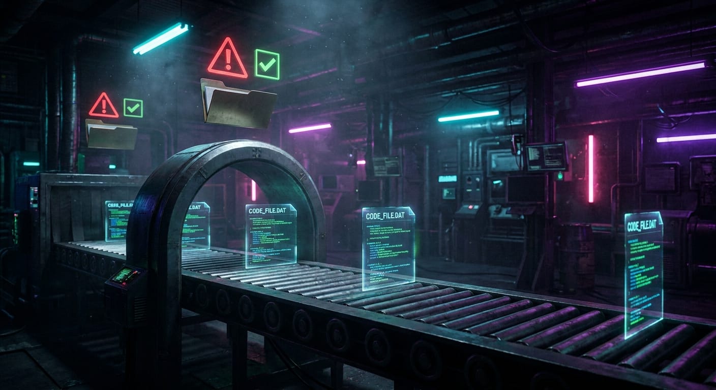 Futuristic conveyor moving glowing code files through a scanning gate with warning icons