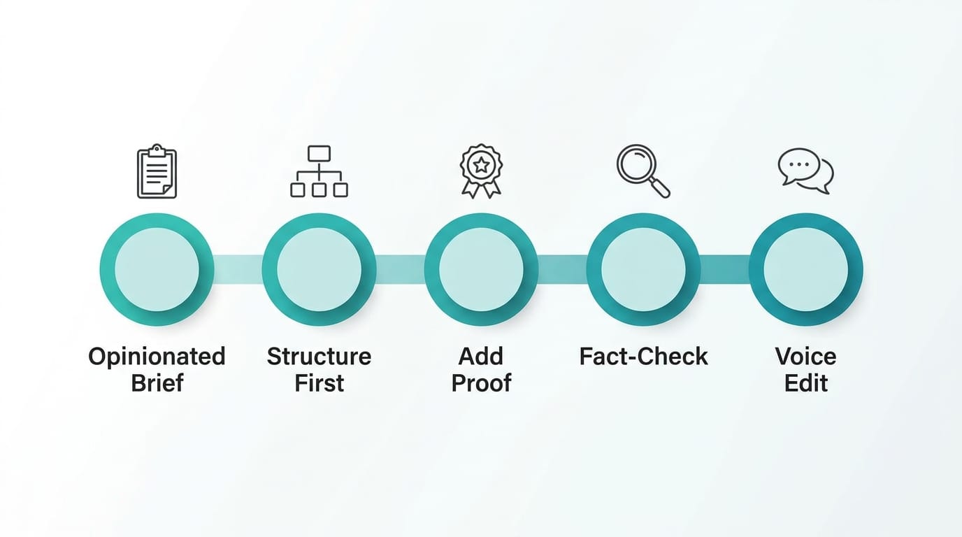 Infographic showing five AI content workflow phases arranged on a horizontal timeline
