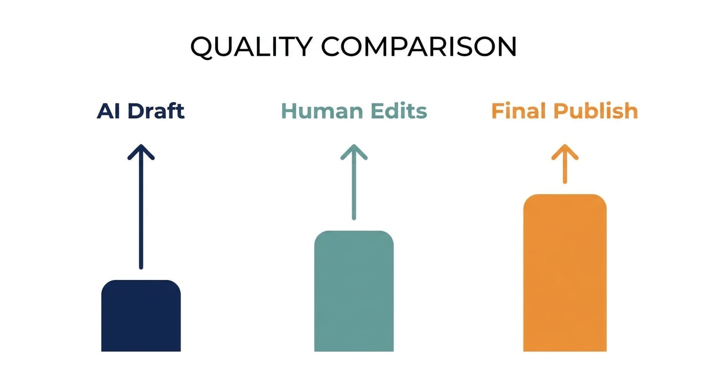 Simple three-column chart comparing AI draft, human edits, and final content quality