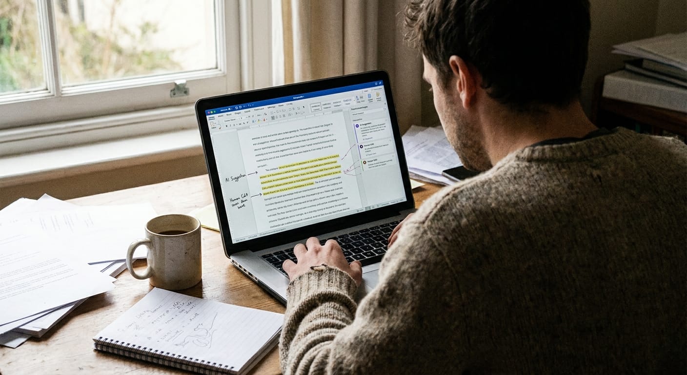 Person editing AI-written text on laptop with highlighted sections and notes