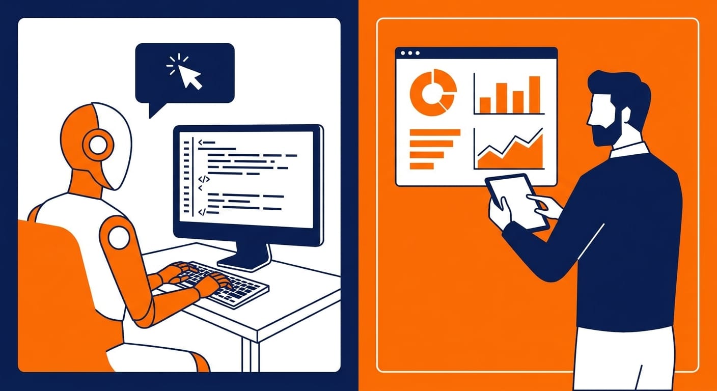 Split-screen illustration of AI writing code while a founder monitors metrics dashboard.