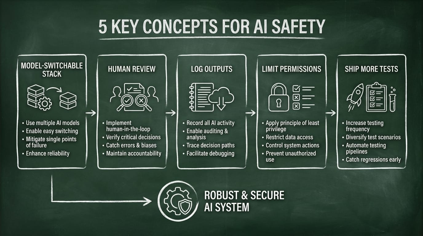 Infographic showing five chalk boxes with icons and short small-business AI safety tips.