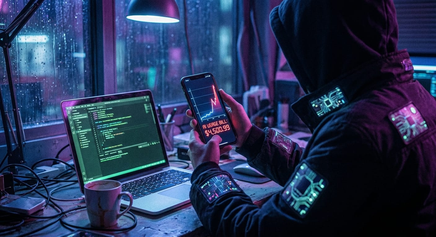 Person in dark room viewing spiking AI usage bill on phone beside laptop