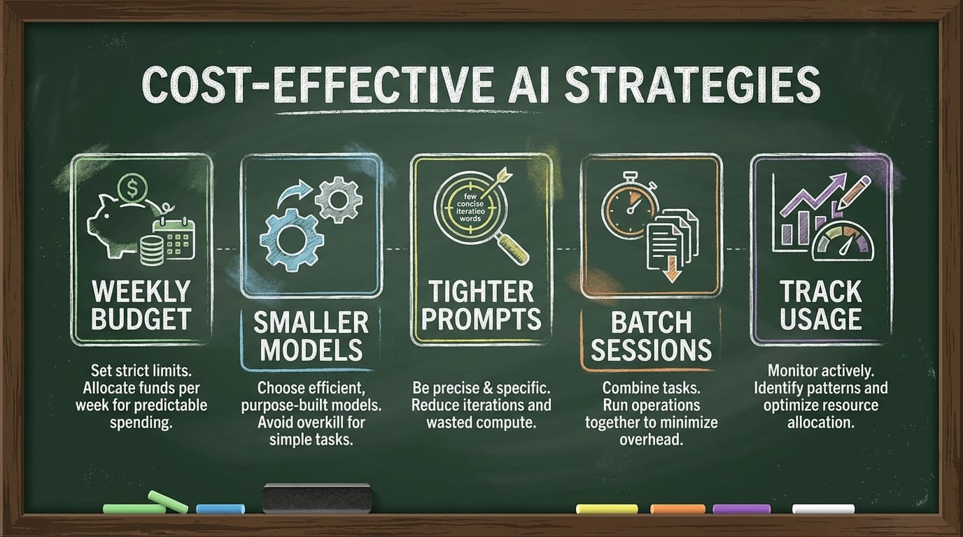 Infographic showing five tactics to control AI credit spending on metered plans