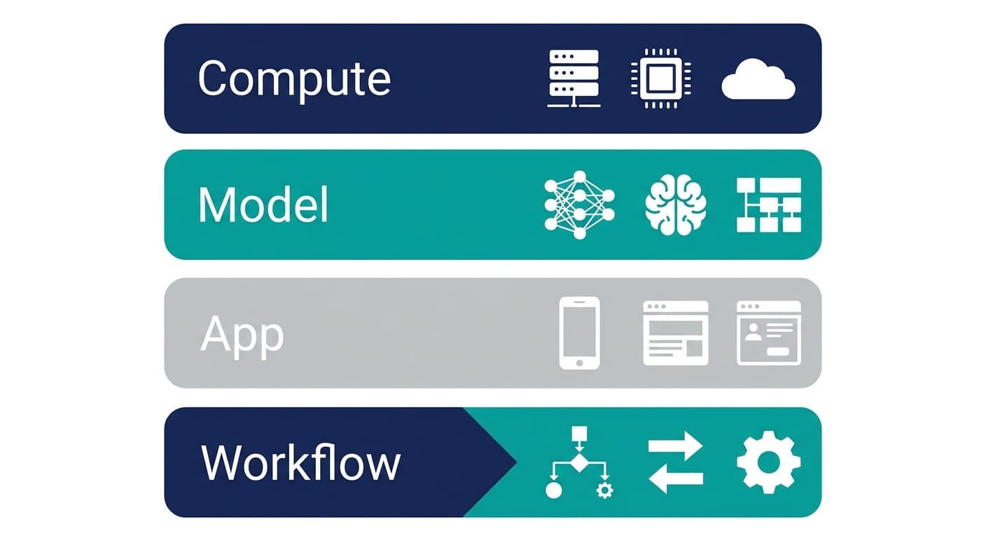 A layered diagram showing compute, model, app, and workflow levels in an AI stack