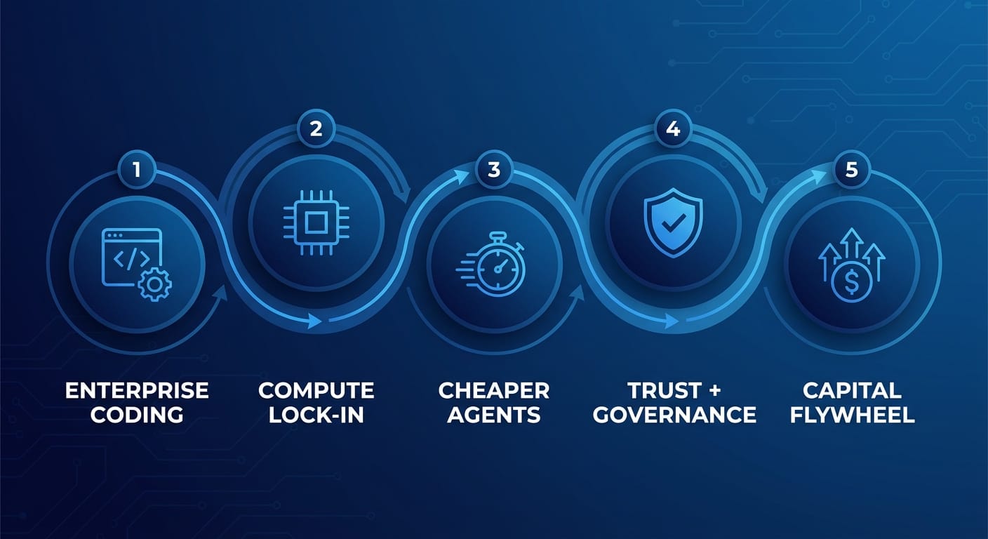 Infographic showing five drivers of near-trillion-dollar AI company valuations in circles