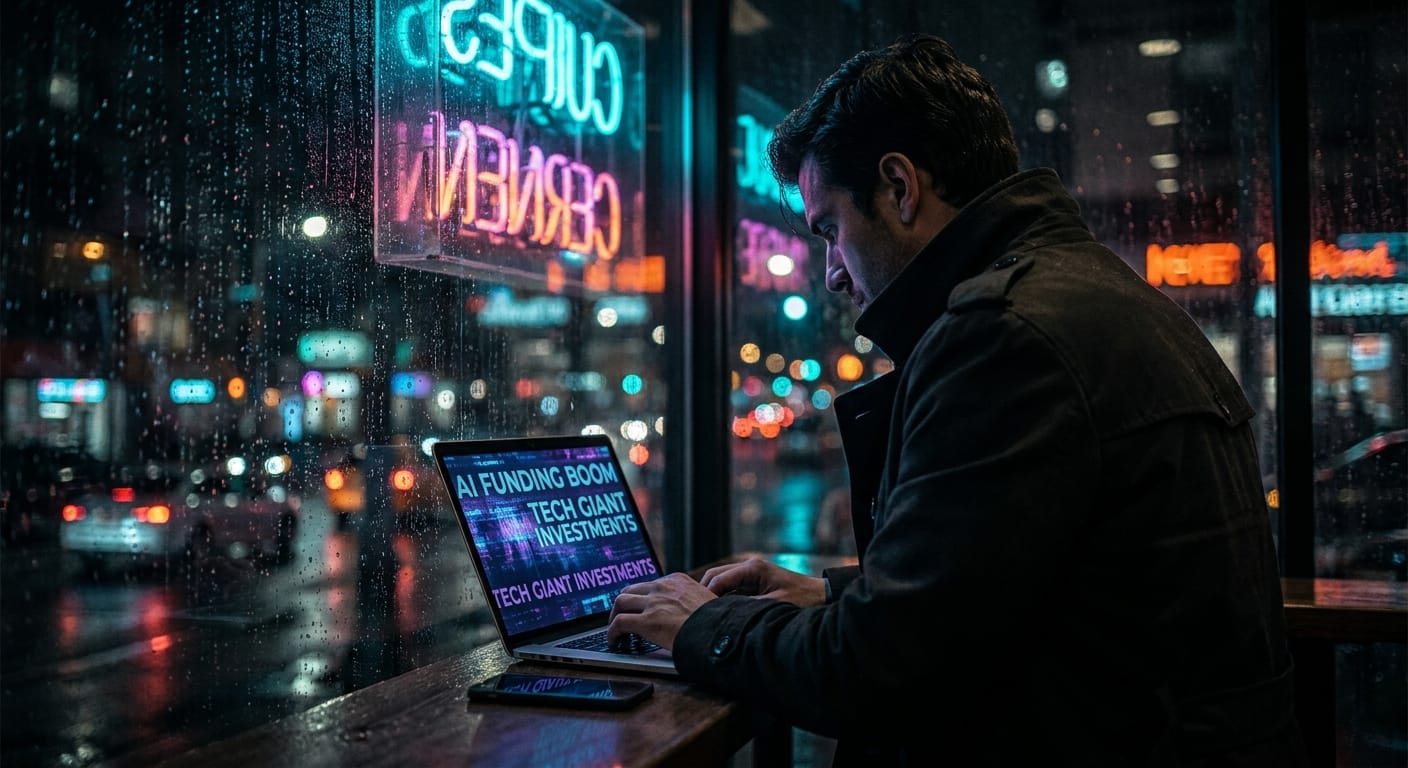 A person reading AI funding headlines on a laptop in a dark office