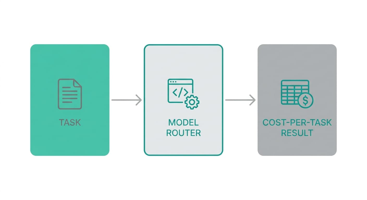 Simple workflow diagram showing task input, model routing, and cost-per-task output.