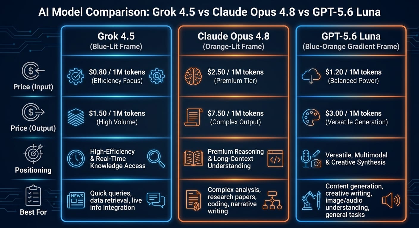 Infographic showing three-column comparison of Grok 4.5, Opus 4.8, and GPT-5.6 Luna.